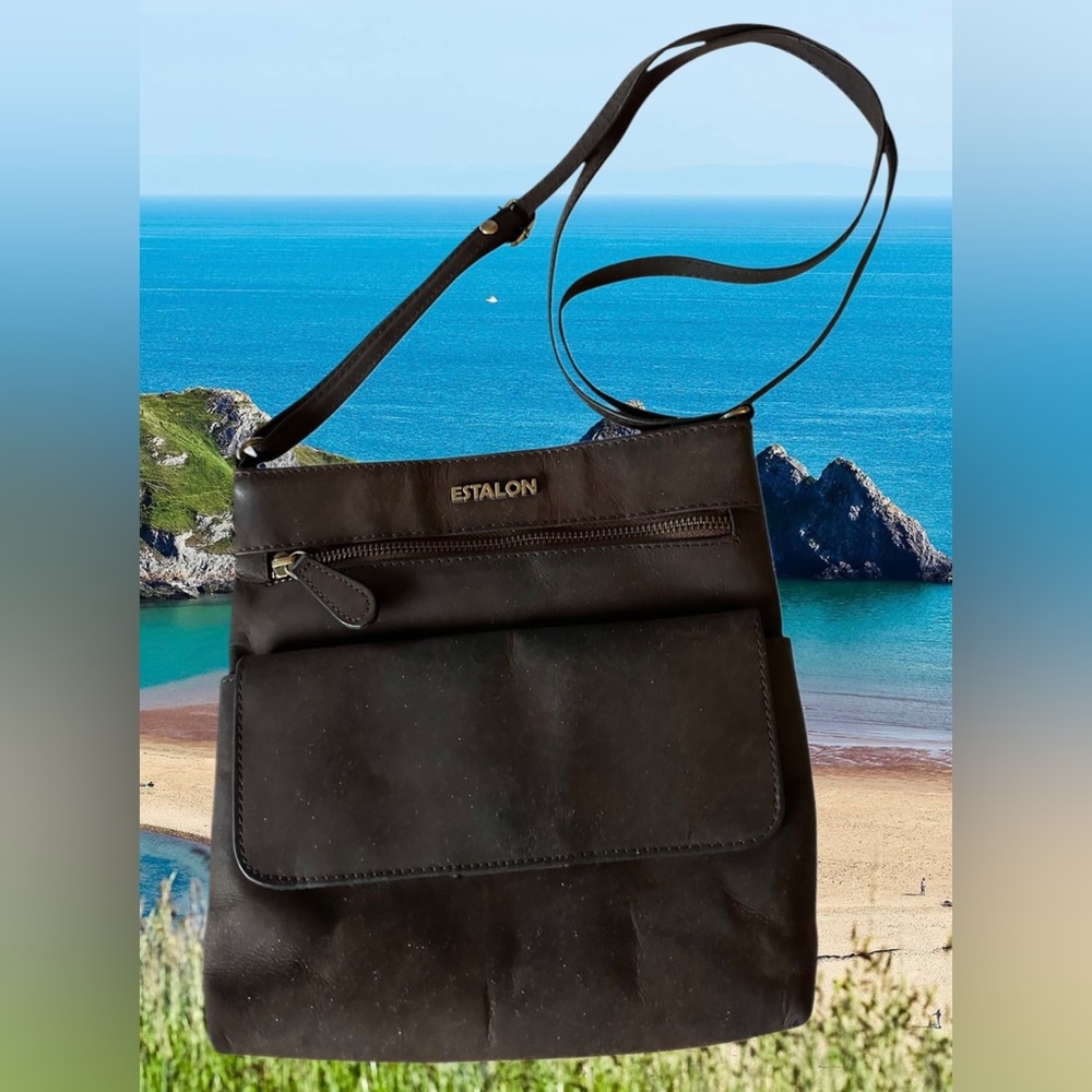 Estalon Dark Chocolate Brown Leather Messenger Style Crossbody